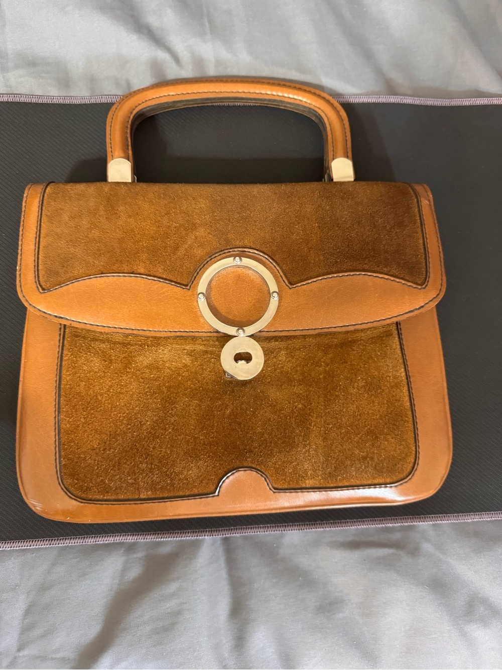 Classic Brown Leather & Suede Top-Handle Women's Handbag. Made in Spain.